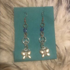 Silver Butterfly & Peace Sign Dangle Earrings in Blue